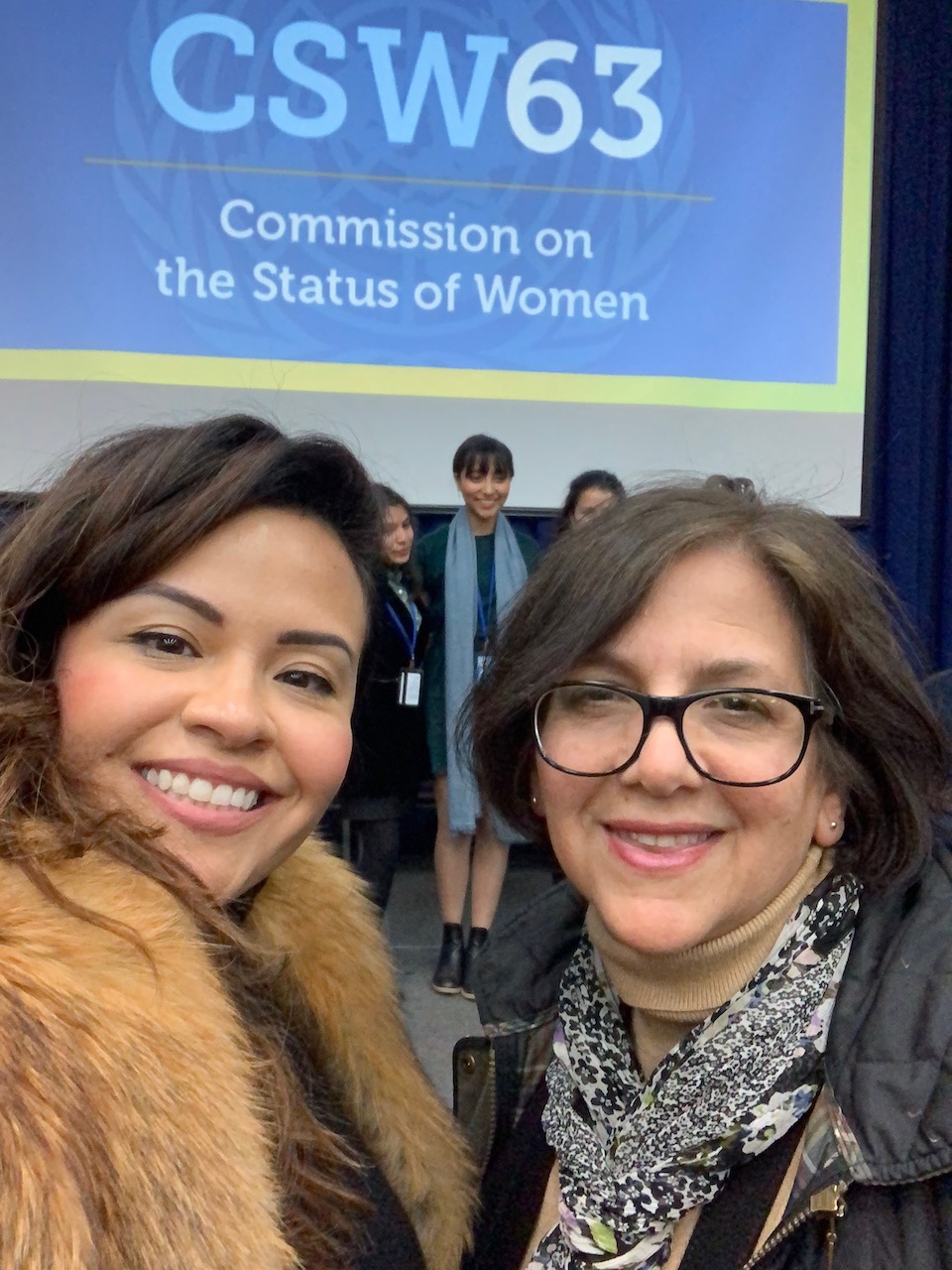 QCC/WCA/UN Participant Diane Cadena and Professor Liz Di Giorgio attend a forum by the Feminist Majority Foundation and Girls Learn International entitled Girls Political Empowerment during the sixty-third session of the Commission on the Status of Women, March 14, 2019.